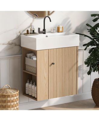 Modern 21.6 inch Floating Bathroom Vanity with Ceramic Basin and Left Side Storage in Wood Finish