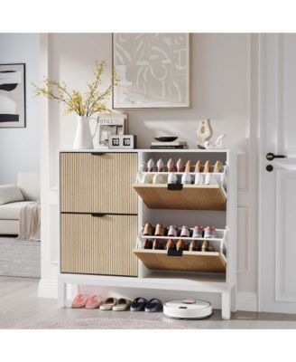 Shoe Storage Cabinet with 4 Flip Drawers, Farmhouse Fluted Shoe Organizer with Metal Legs