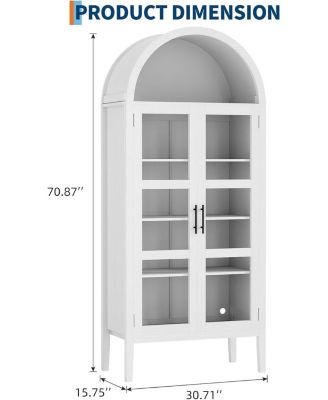 Tall Arched Kitchen Pantry Cabinet with LED Lights, Modern Wood Arched Bookshelf with Glass Doors & Adjustable Shelves, Elegant Display Cabinet