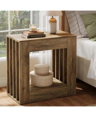 End Table Set of 2, Farmhouse Narrow Side Table with Storage Shelf, Rustic Square Nightstand Bedside