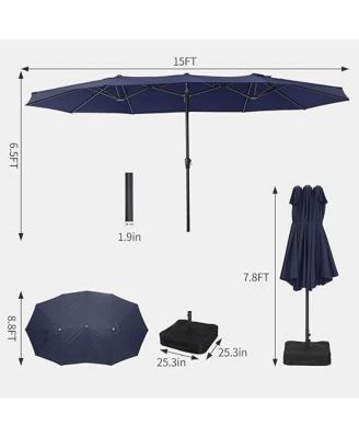 15 ft Double Sided Rectangular Patio Umbrella with Crank, Outdoor Sun Shade