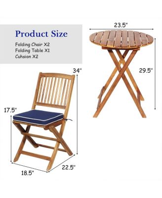 3-Piece Folding Patio Bistro Set with Cushions and Round Table