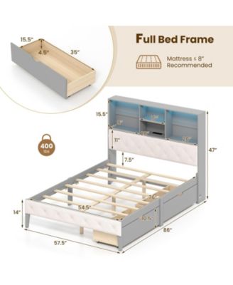 Full Size Bed Frame with Bookcase Headboard and LED Lights