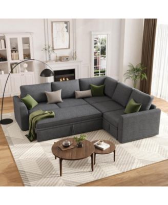 Sectional Sleeper Sofa, Corduroy Couch with Pull-Out Bed and Storage, Tool-Free Assembly