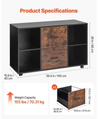 2 Drawer Mobile File Cabinet with Open Shelves and Lockable Wheels