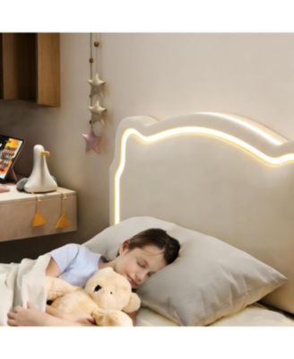 Twin Upholstered Smart LED Bed Frame with Velvet Princess Headboard and Wooden Slat Support, No Box Spring Needed