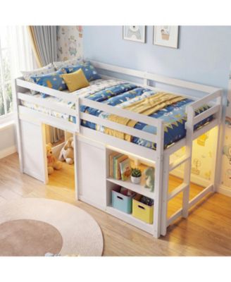 Wooden Low Kids Loft Bed with  LED Lights and 2 Doors