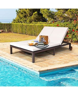 Adjustable Patio Rattan 2 Person Recliner Lounge Chair w/ Cushion Wheel