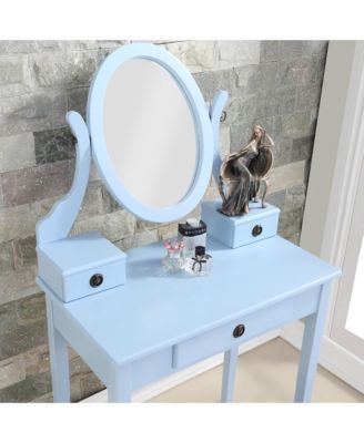 Wood Makeup Vanity Desk and Stool Set - Dressing Table with Mirror and 3 Storage Drawers for Bedroom