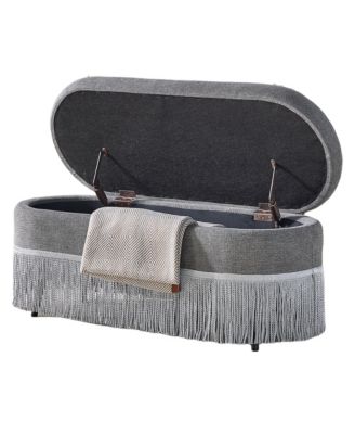 Oval Storage Ottoman, Upholstered Footrest with Fringe Trim, Hidden Storage and Metal Frame for Living Room, Bedroom