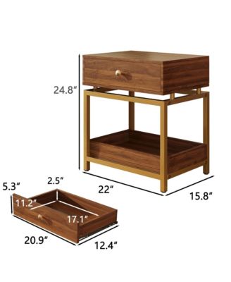 Nightstand with Drawer and Open Shelf, Sofa Side Table with Gold Metal Frame, Modern Bedside Table for Bedroom and Living Room