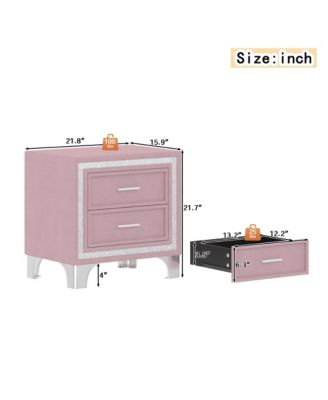 2 Drawers Nightstand with Silver Glitter Strip Decor and Metal Legs, Velvet Bedside Table End Table for Bedroom, Living Room