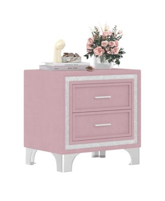 2 Drawers Nightstand with Silver Glitter Strip Decor and Metal Legs, Velvet Bedside Table End Table for Bedroom, Living Room