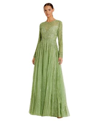 Women's Sequin Illusion High-Neck Long Sleeve A-Line Gown