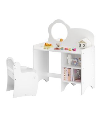Kids Vanity Desk Set with Mirror and Chair, Wooden Dressing Table with Storage Shelves, Study and Activity Table for Girls and Boys
