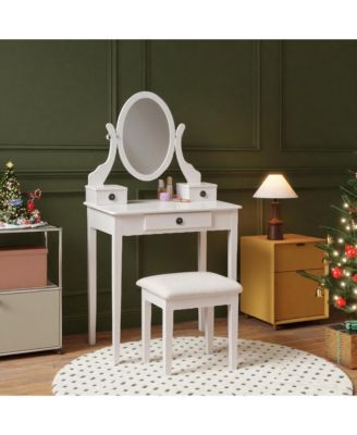 Wood Makeup Vanity Desk and Stool Set - Dressing Table with Mirror and 3 Storage Drawers for Bedroom