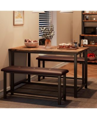 Kitchen Table Set with 2 Upholstered Benches for 4, Dining Room Metal and Wood Rectangular Table Set for Small Space, Apartment