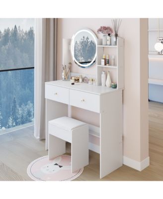 17" Round LED Mirror Vanity Desk  Cushion Stool Suit, Dressing Table with 2 Drawers, 3 Open Shelves for Bedroom