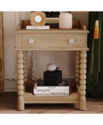 Retro Style Nightstand with Drawer and Open Shelf, Wooden Bedside Table with Turned Legs and Metal Handle for Bedroom, Living Room