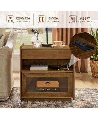 Nightstand with Charging Station and Outlet Hole, Mid Century Modern Bedside Table with Open Shelf, End Table for Living Room