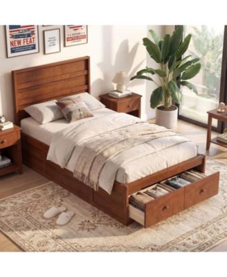 Twin Size Bed Frame w/Storage Drawers Headboard Wooden SlatandEnclosed Base