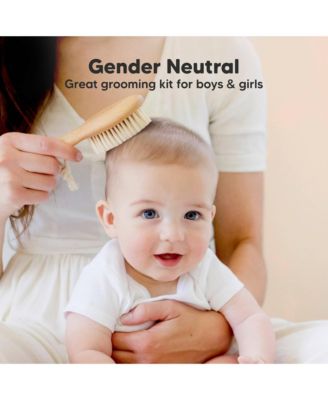 Baby Hair Brush and Comb Set Petite, Oval Wooden Baby Brush Set for Newborns, Infant, Toddler Grooming Kit