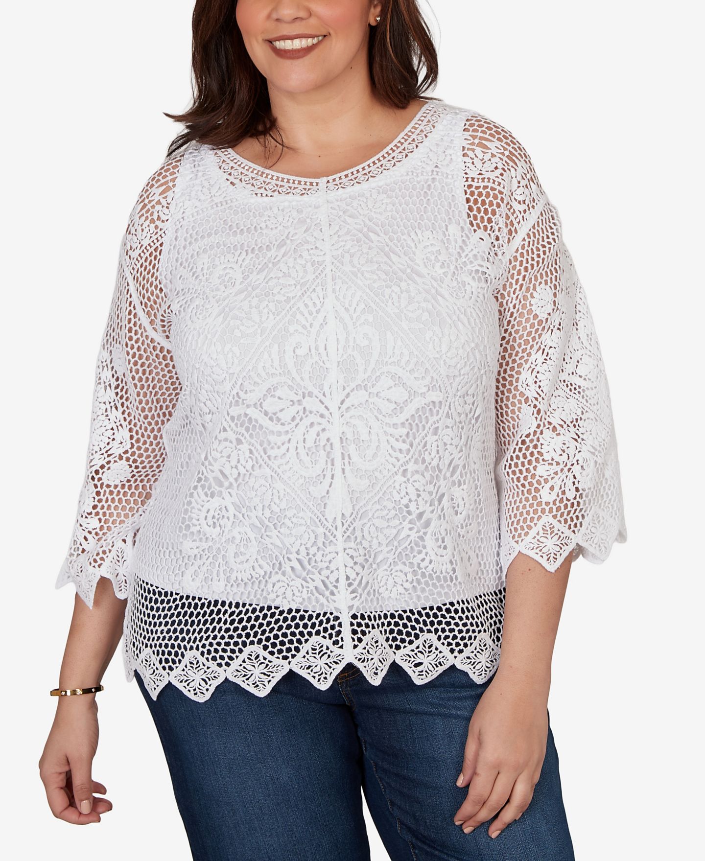 Женский топ Ruby Rd. Plus Size Scalloped Medallion Crochet Lined Lace, цвет: Белый — фото 1