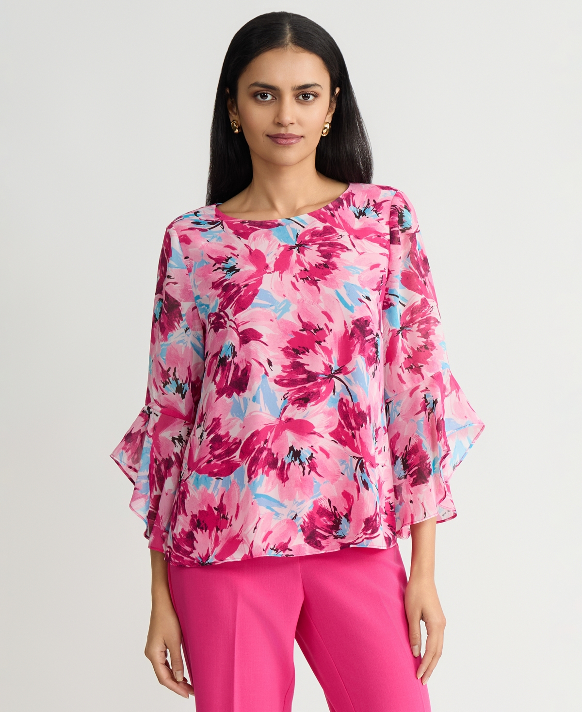 Kasper Women's Printed Ruffle-Sleeve Blouse