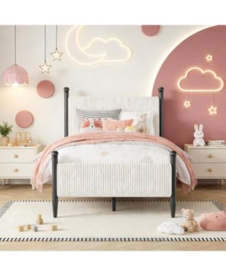Corduroy Fabric Bed Frame, Plywood and Iron Construction, Cone-Shaped Iron Foot, Soft Bag Design