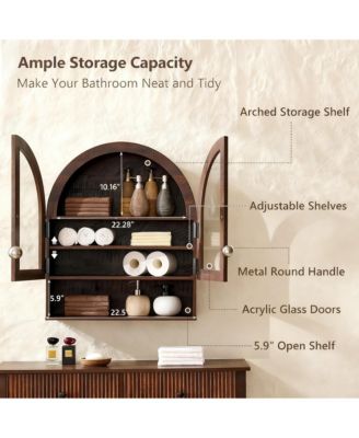 Arched Wall Cabinet Wide Adjustable Shelves Glass Doors Over Toilet Storage
