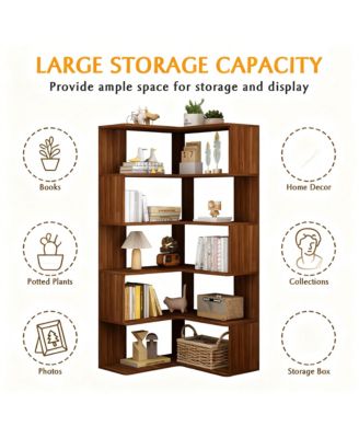 6-Tier L-Shaped Corner Bookshelf 66" Tall Wooden Freestanding Open Shelf