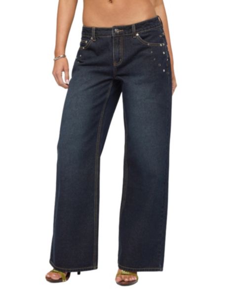 Женские джинсы Edikted Spiral Studded Low Rise Baggy, цвет: Тёмный синий потёртый