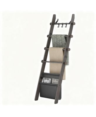 Blanket Ladder 5-Tier Wooden Shelf Farmhouse Rack Leather Bag
