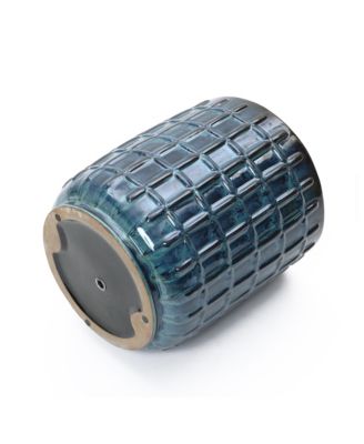 14" Tall Ceramic Planter Pot for Indoor Outdoor Plants with Geometric Texture, Large Garden Plant Pots with Drainage Hole, Blue