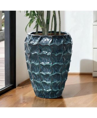 14" Tall Ceramic Planter Pot for Indoor Outdoor Plants with Geometric Texture, Large Garden Plant Pots with Drainage Hole, Blue