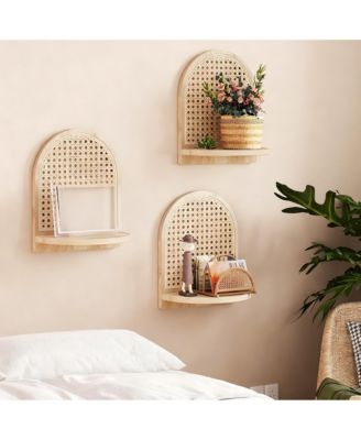 Rattan Wall Shelf Set of 3 7" Wicker Decor Boho Floating Shelves Plant Display