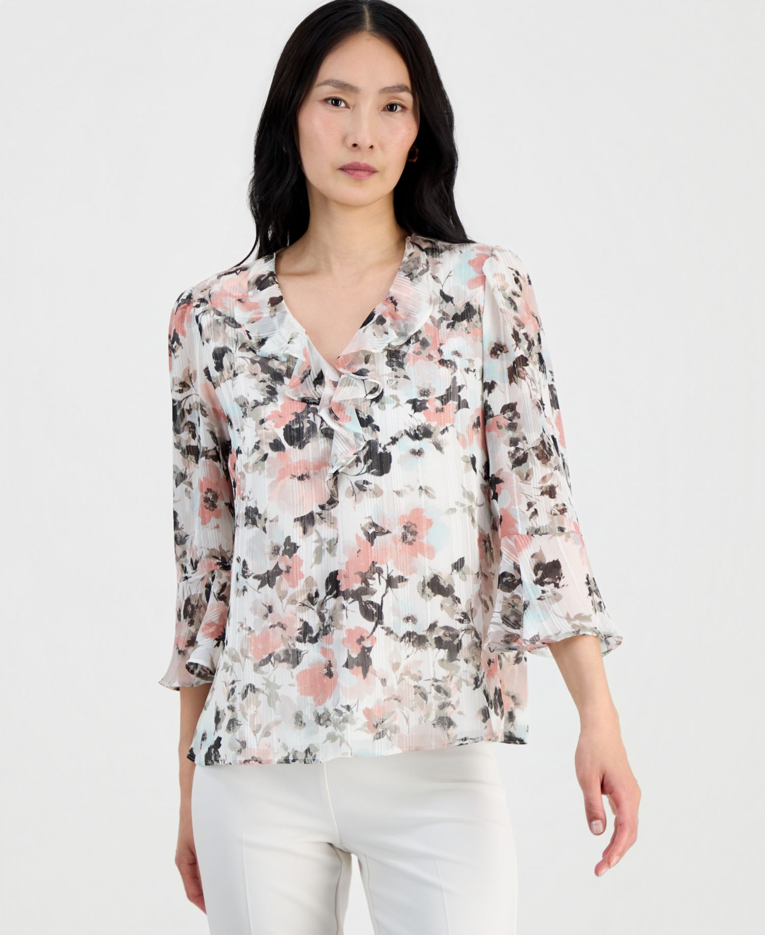 Petite Ruffle-Front V-Neck Blouse