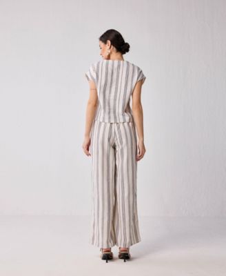 Women's Striped Matching Set with Wide-Leg Pants and V-neck Top