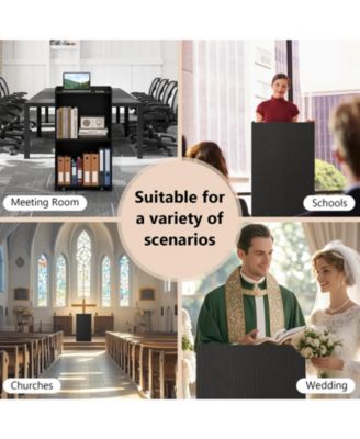 Rolling Podium Stand with 2 Shelves and Lockable Wheels