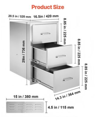 Stainless Steel Triple Access Outdoor Kitchen Drawers 16.5 x 29 x 20.5 in, Flush Mount BBQ Island