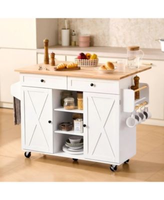52 in Rolling Kitchen Island Cart with Solid Wood Top and Storage Cabinet, Drop Leaf