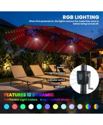 15ft Double-Sided Solar RGB LED Patio Umbrella with Base, Dual Charging