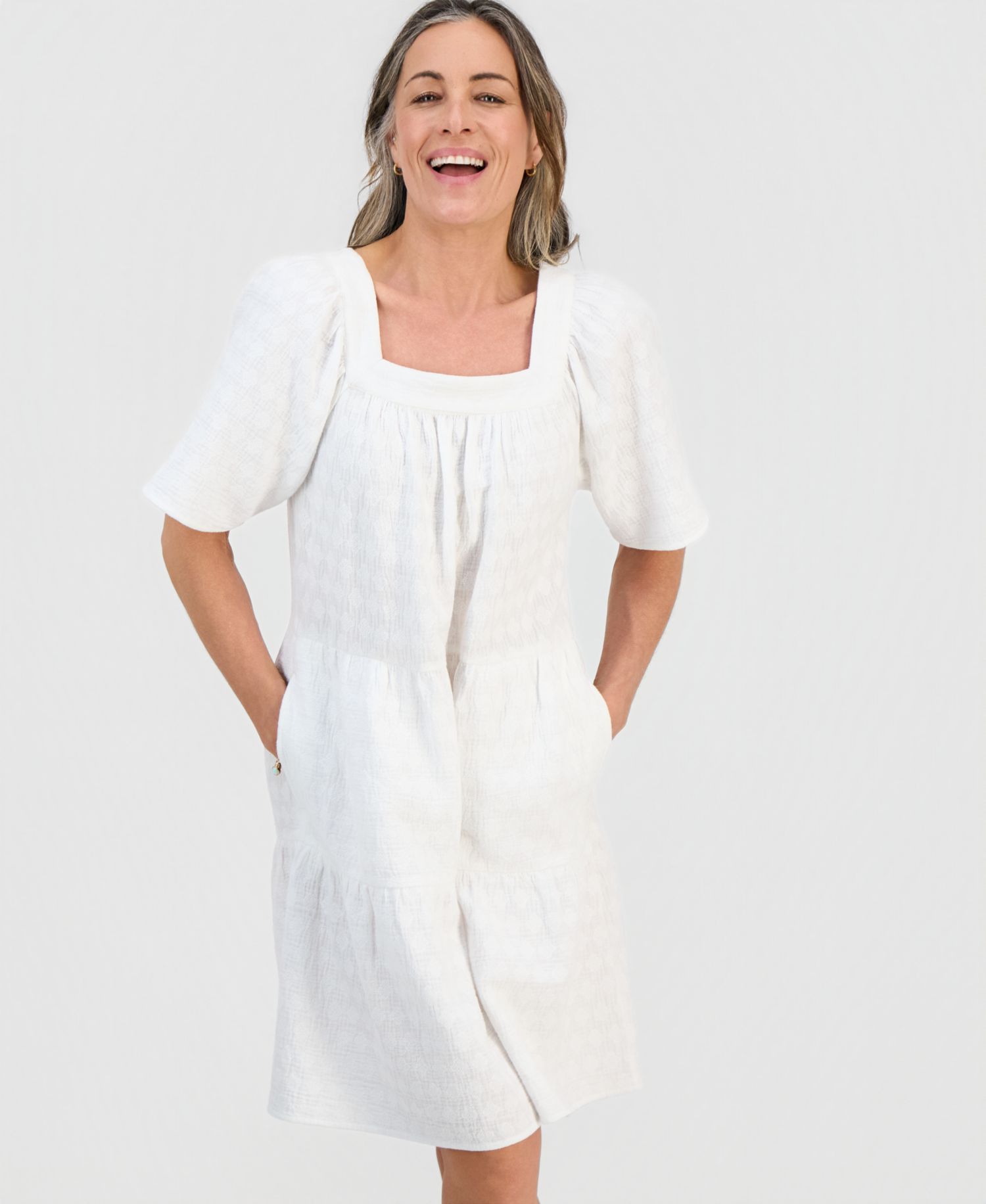 Petite Cotton Embroidered Square-Neck Dress