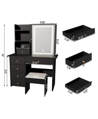 Vanity Desk with Sliding Mirror, LED Lights, Charging Station