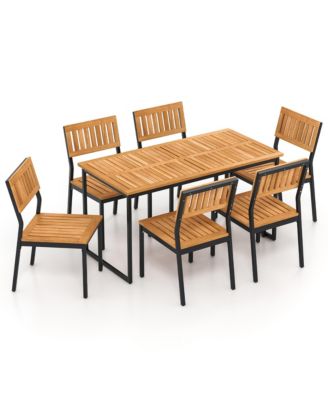 7 PCS Outdoor Dining Set for 6 Acacia Wood Rectangular Table and 6 Armless Chairs