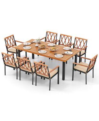 9 PCS Patio Dining Set Acacia Wood Table w/ Soft Cushions and 1.9'' Umbrella Hole