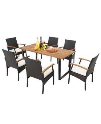 5PCS Rattan Dining Set Acacia Wood Table 4 Wicker Chairs w/ Umbrella Hole Patio