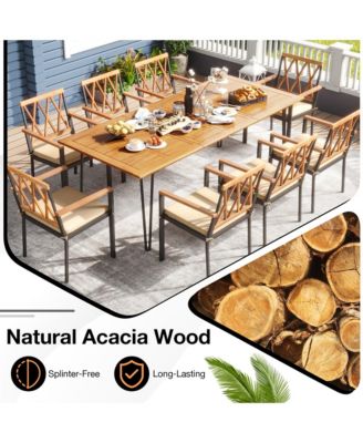 9 PCS Patio Dining Set w/ 8 Chairs Acacia Wood Table Top Umbrella Hole for Yard