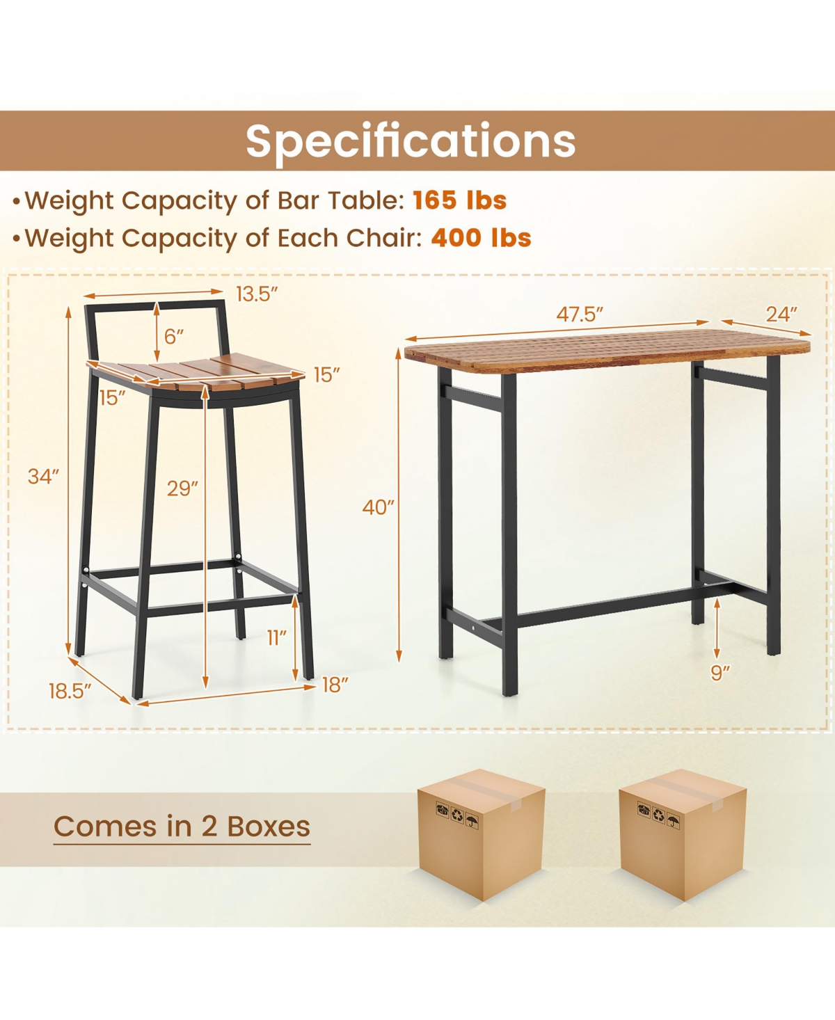 Gymax Acacia Wood Patio Table and Chair Set 5 Pcs Outdoor Dining Set with 1 Table and 4 Bar Height Chairs