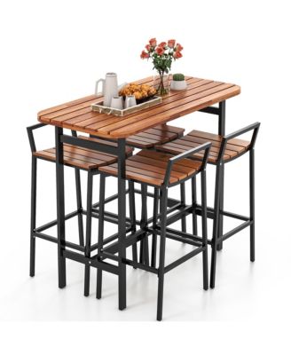 Acacia Wood Patio Table and Chair Set 5 Pcs Outdoor Dining Set with 1 Table and 4 Bar Height Chairs